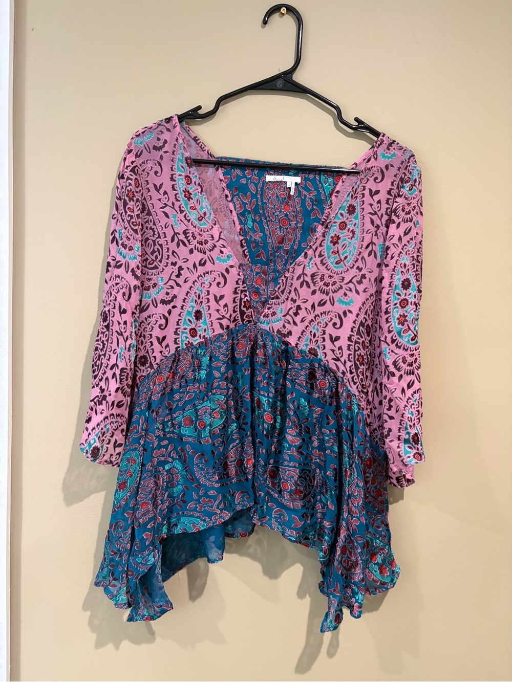 Pink and Teal Paisley V-Neck Peasant Tunic